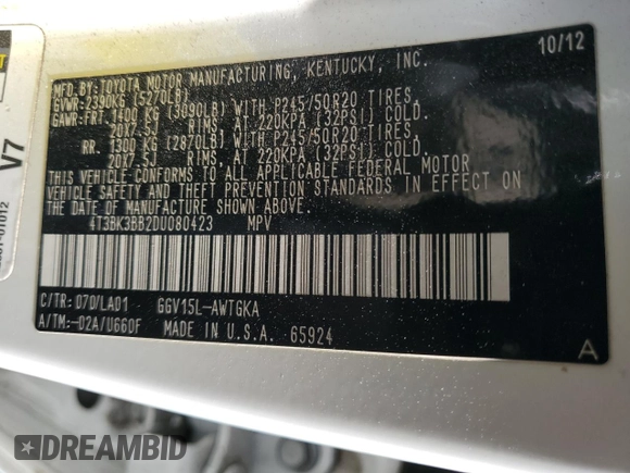 2013 Toyota Venza LE with VIN 4T3BK3BB2DU080423, listed as a Copart auction lot 47113025 with 164,346 mi miles and Salvage Title. Bid and sale history available at carsss.com. Image 14.