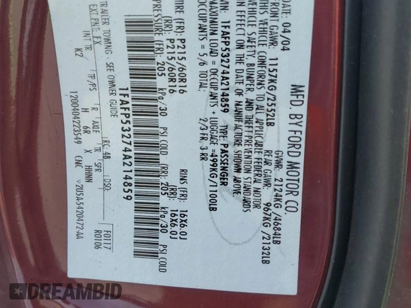 2004 Ford Taurus SE с VIN 1FAFP53274A214859, выставлен на аукционе Copart как лот 53638745 с пробегом 131 881 миль миль и Списание • Salvage title. История ставок и продаж доступна на DreamBid. Изображение 14.
