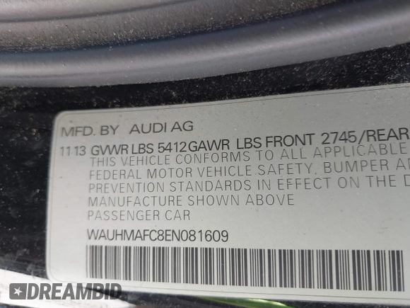 2014 Audi A6 Prestige with VIN WAUHMAFC8EN081609, listed as a IAAI auction lot 42252900 with 170,222 mi miles and . Bid and sale history available at DreamBid. Image 9.