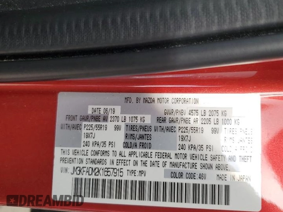 2019 Mazda CX-5 Grand Touring with VIN JM3KFADM2K1657915, listed as a Copart auction lot 56647145 with 85,095 mi miles and Salvage title. Bid and sale history available at DreamBid. Image 13.