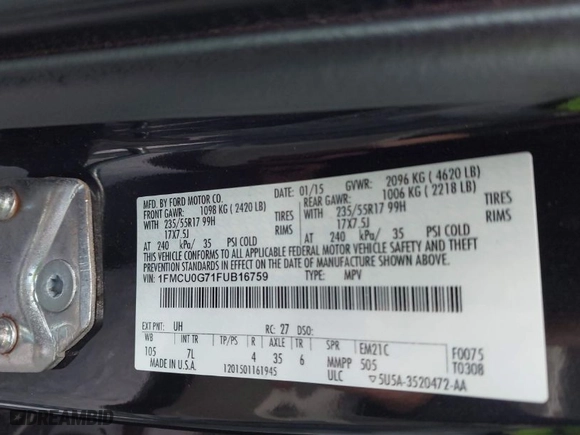2015 Ford Escape SE with VIN 1FMCU0G71FUB16759, listed as a IAAI auction lot 41640440 with 257,153 mi miles. Bid and sale history available at carsss.com. Image 9.