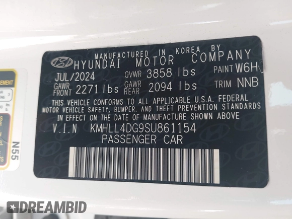 2025 Hyundai Elantra SE with VIN KMHLL4DG9SU861154, listed as a IAAI auction lot 42591870 with 7,070 mi miles and . Bid and sale history available at DreamBid. Image 9.
