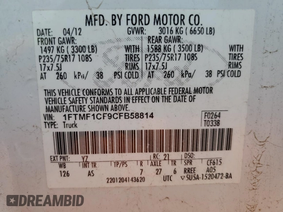 2012 Ford F-150 XL with VIN 1FTMF1CF9CFB58814, listed as a Copart auction lot 55185625 with 61,530 mi miles and Clean title. Bid and sale history available at DreamBid. Image 12.
