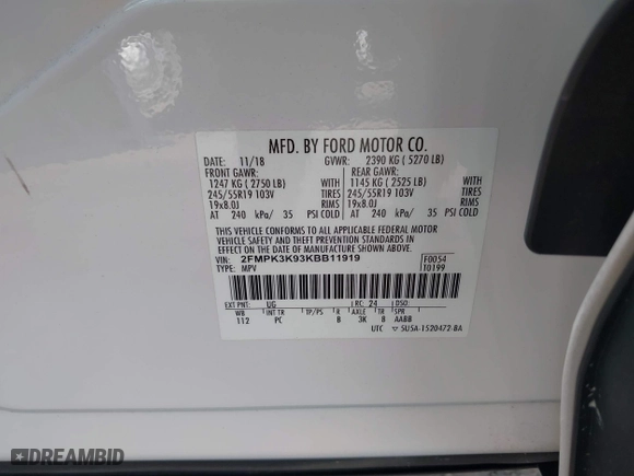 2019 Ford Edge Titanium with VIN 2FMPK3K93KBB11919, listed as a IAAI auction lot 41613148 with 61,053 mi miles. Bid and sale history available at carsss.com. Image 9.