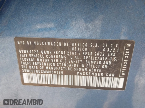 2021 Volkswagen Jetta SEL with VIN 3VWE57BUXMM050386, listed as a IAAI auction lot 42140492 with 74,477 mi miles and . Bid and sale history available at DreamBid. Image 9.