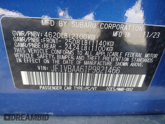 2023 Subaru WRX with VIN JF1VBAA61P9821466, listed as a IAAI auction lot 42091245 with 28,278 mi miles and . Bid and sale history available at DreamBid. Image 9.