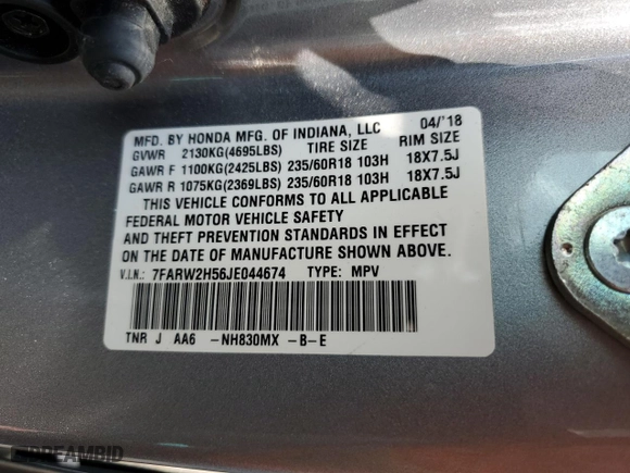 2018 Honda CR-V EX with VIN 7FARW2H56JE044674, listed as a Copart auction lot 65326134 with 32,728 mi miles and Salvage Title. Bid and sale history available at carsss.com. Image 16.