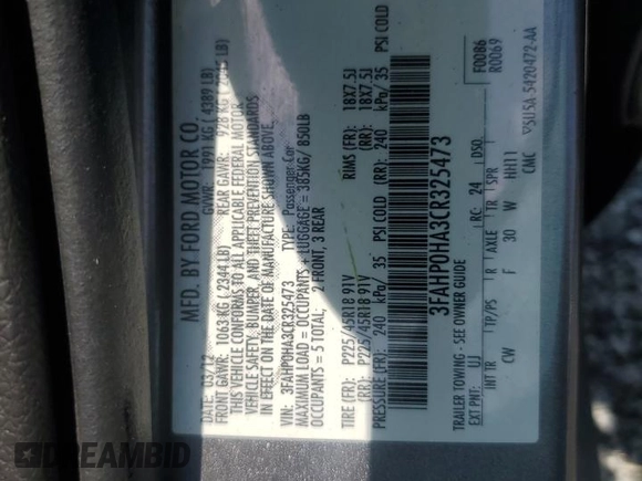 2012 Ford Fusion SE with VIN 3FAHP0HA3CR325473, listed as a Copart auction lot 59216805 with Not provided miles and Salvage title. Bid and sale history available at DreamBid. Image 14.