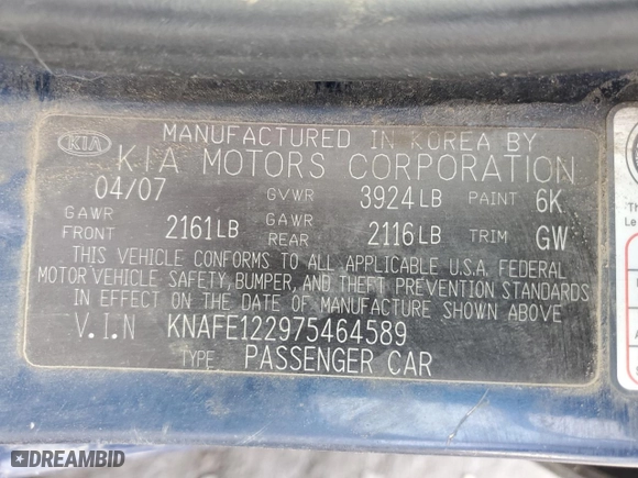 2007 Kia Spectra EX with VIN KNAFE122975464589, listed as a Copart auction lot 43562685 with NaN miles and Salvage Title. Bid and sale history available at carsss.com. Image 12.