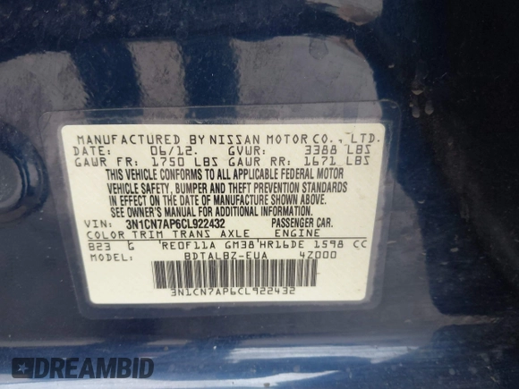 2012 Nissan Versa SV с VIN 3N1CN7AP6CL922432, выставлен на аукционе IAAI как лот 42422588 с пробегом 104 269 миль миль и . История ставок и продаж доступна на DreamBid. Изображение 9.