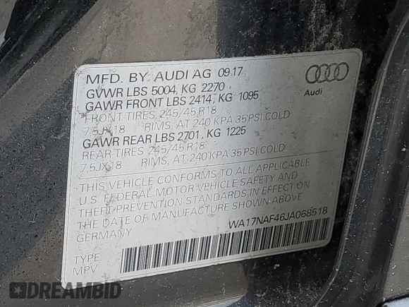 2018 Audi allroad A4 Premium with VIN WA17NAF46JA068518, listed as a Copart auction lot 81768373 with 105,080 mi miles and . Bid and sale history available at DreamBid. Image 12.