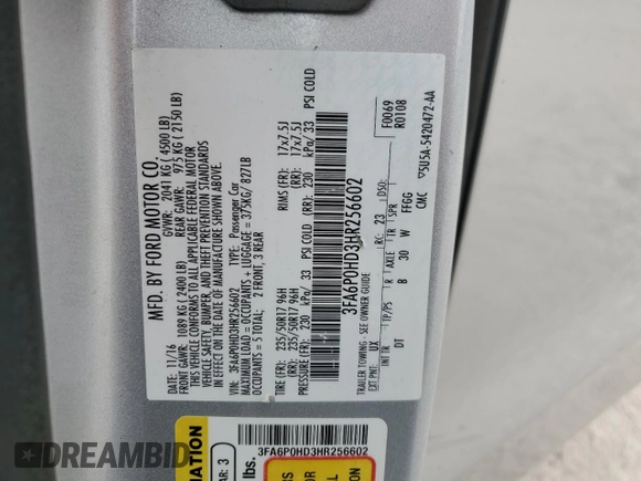 2017 Ford Fusion SE with VIN 3FA6P0HD3HR256602, listed as a Copart auction lot 55834485 with 157,495 mi miles and Clean title. Bid and sale history available at DreamBid. Image 12.