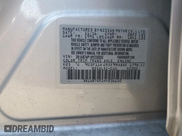 2017 Nissan Sentra S with VIN 3N1AB7AP1HY236650, listed as a Copart auction lot 60034875 with 67,496 mi miles and Salvage title. Bid and sale history available at DreamBid. Image 13.