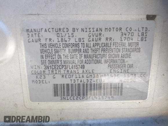 2015 Nissan Note SV with VIN 3N1CE2CP3FL415749, listed as a IAAI auction lot 42083581 with 143,603 mi miles and . Bid and sale history available at DreamBid. Image 9.