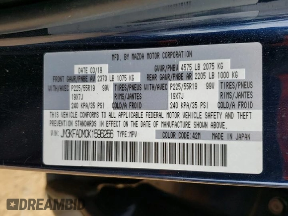 2019 Mazda CX-5 Grand Touring with VIN JM3KFADM0K1596256, listed as a Copart auction lot 86323594 with 118,853 mi miles and Salvage title. Bid and sale history available at DreamBid. Image 13.