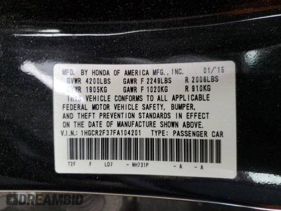 2015 Honda Accord Sedan LX with VIN 1HGCR2F37FA104201, listed as a Copart auction lot 88770775 with 194,490 mi miles and Clean Title. Bid and sale history available at carsss.com. Image 12.