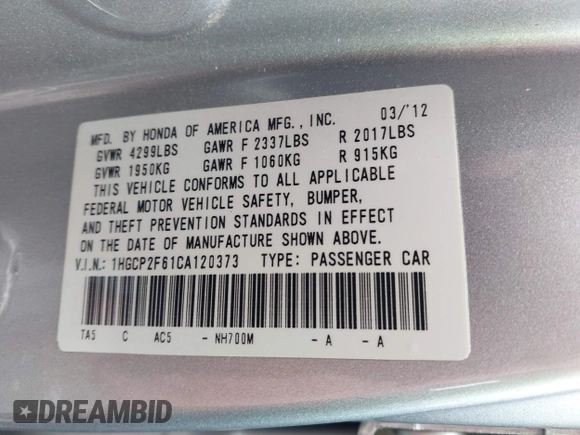 2012 Honda Accord SE z VIN 1HGCP2F61CA120373, wystawiony jako IAAI lot #42388681 z przebiegiem 121 754 mil mil oraz . Historia ofert i sprzedaży dostępna na DreamBid. Obrazek 9.