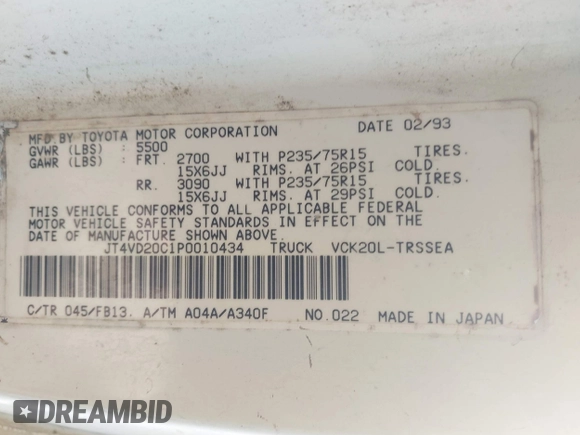 1993 Toyota T100 z VIN JT4VD20C1P0010434, wystawiony jako IAAI lot #42270410 z przebiegiem 263 632 mil mil oraz . Historia ofert i sprzedaży dostępna na DreamBid. Obrazek 9.