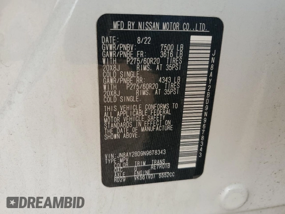 2022 Nissan Armada SL with VIN JN8AY2BD9N9678343, listed as a Copart auction lot 44131235 with 50,207 mi miles and Salvage Title. Bid and sale history available at carsss.com. Image 14.