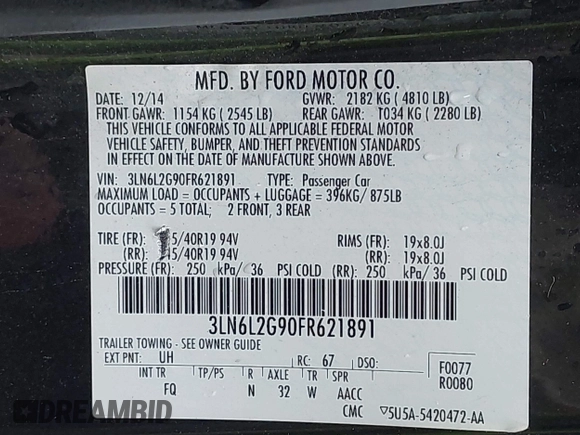 2015 Lincoln MKZ z VIN 3LN6L2G90FR621891, wystawiony jako IAAI lot #41968088 z przebiegiem 128 988 mil mil oraz . Historia ofert i sprzedaży dostępna na DreamBid. Obrazek 9.