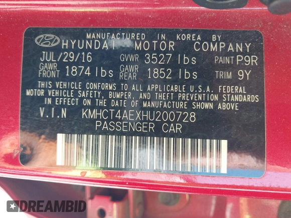 2017 Hyundai Accent SE with VIN KMHCT4AEXHU200728, listed as a IAAI auction lot 42015224 with 139,327 mi miles. Bid and sale history available at carsss.com. Image 9.