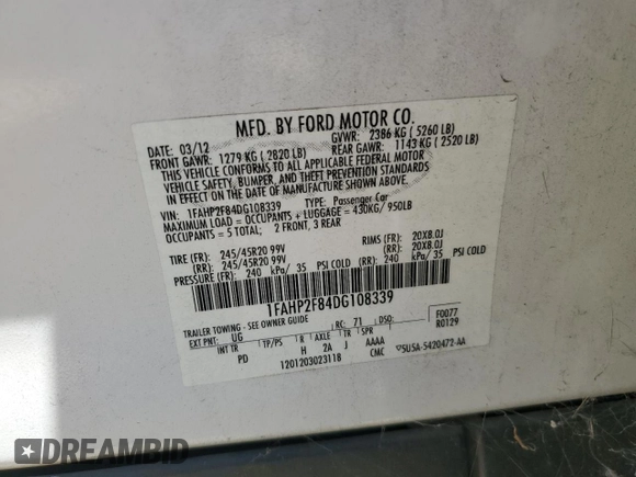 2013 Ford Taurus Limited with VIN 1FAHP2F84DG108339, listed as a Copart auction lot 62745275 with 146,629 mi miles and Salvage title. Bid and sale history available at DreamBid. Image 13.