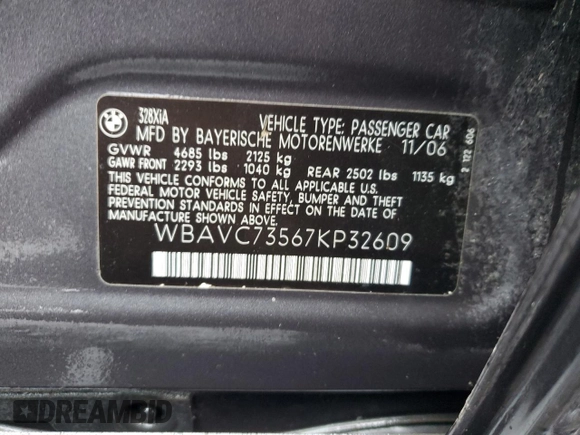 2007 BMW 3 Series 328xi с VIN WBAVC73567KP32609, выставлен на аукционе Copart как лот 84893854 с пробегом Не указан миль и Списание • Salvage title. История ставок и продаж доступна на DreamBid. Изображение 12.