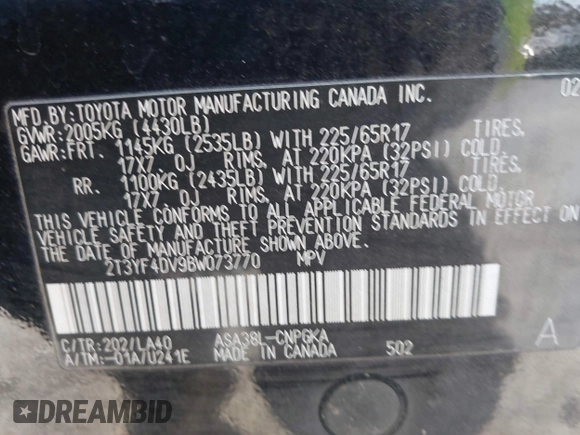 2011 Toyota RAV4 Ltd with VIN 2T3YF4DV9BW073770, listed as a IAAI auction lot 41319900 with 251,450 mi miles. Bid and sale history available at carsss.com. Image 9.