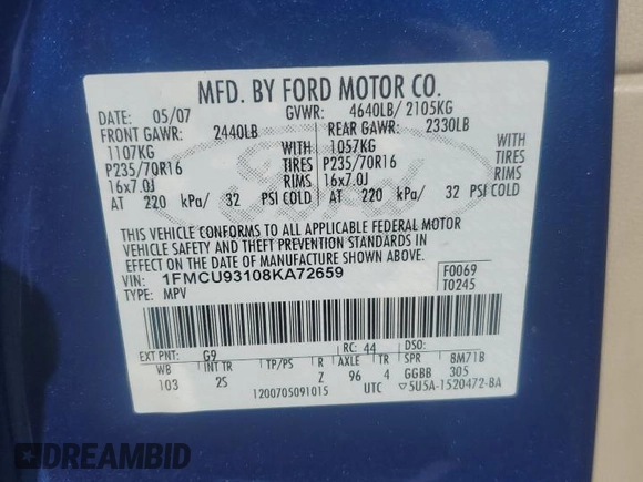 2008 Ford Escape XLT z VIN 1FMCU93108KA72659, wystawiony jako Copart lot #53338955 z przebiegiem 230 685 mil mil oraz Szkoda całkowita • Salvage title. Historia ofert i sprzedaży dostępna na DreamBid. Obrazek 13.