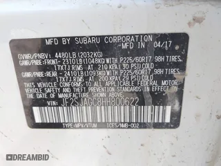 2017 Subaru Forester Premium with VIN JF2SJAGC8HH800622, listed as a IAAI auction lot 41704366 with 57,016 mi miles. Bid and sale history available at carsss.com. Image 9.