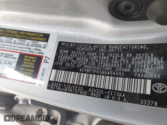 2017 Toyota Camry XLE with VIN 4T1BF1FK5HU454492, listed as a IAAI auction lot 41808489 with 123,601 mi miles and . Bid and sale history available at DreamBid. Image 9.