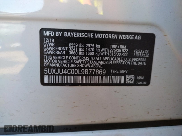 2020 BMW X5 M50i with VIN 5UXJU4C00L9B77869, listed as a Copart auction lot 36123043 with 27,195 mi miles. Bid and sale history available at carsss.com. Image 12.