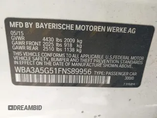 2015 BMW 3 Series 328i with VIN WBA3A5G51FNS89956, listed as a IAAI auction lot 42012575 with 121,246 mi miles. Bid and sale history available at carsss.com. Image 9.