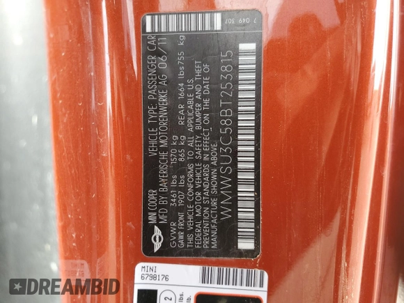 2011 MINI Hardtop with VIN WMWSU3C58BT253815, listed as a Copart auction lot 51544835 with 115,515 mi miles and Salvage Title. Bid and sale history available at DreamBid. Image 13.
