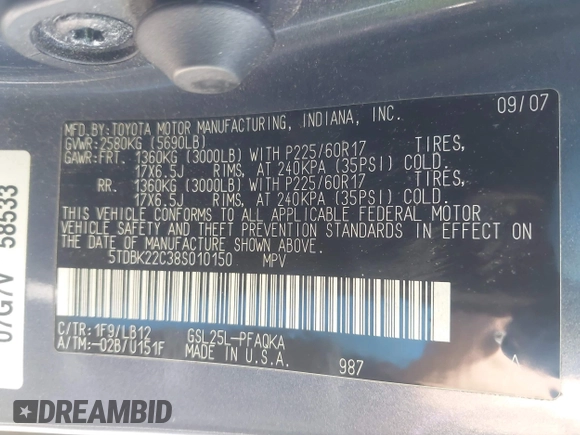 2008 Toyota Sienna XLE with VIN 5TDBK22C38S010150, listed as a IAAI auction lot 42070786 with 185,778 mi miles and . Bid and sale history available at DreamBid. Image 9.