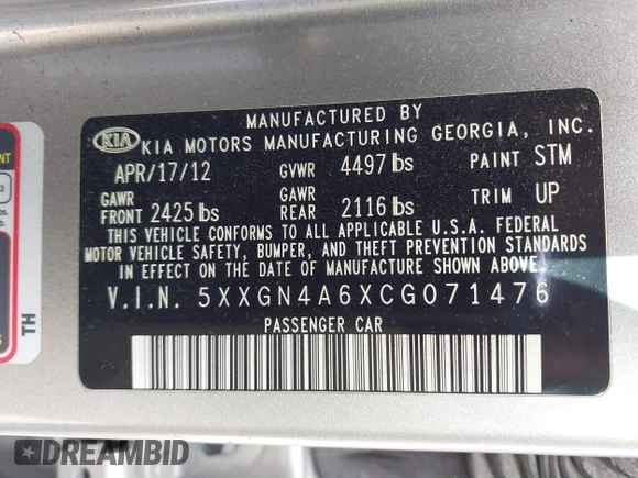2012 Kia Optima EX with VIN 5XXGN4A6XCG071476, listed as a IAAI auction lot 41508819 with 176,487 mi miles and . Bid and sale history available at carsss.com. Image 9.