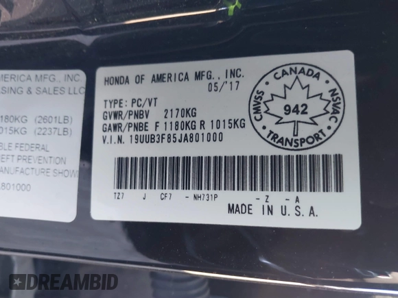 2018 Acura TLX w/Advance Pkg with VIN 19UUB3F85JA801000, listed as a IAAI auction lot 41665274 with 81,627 mi miles. Bid and sale history available at carsss.com. Image 9.