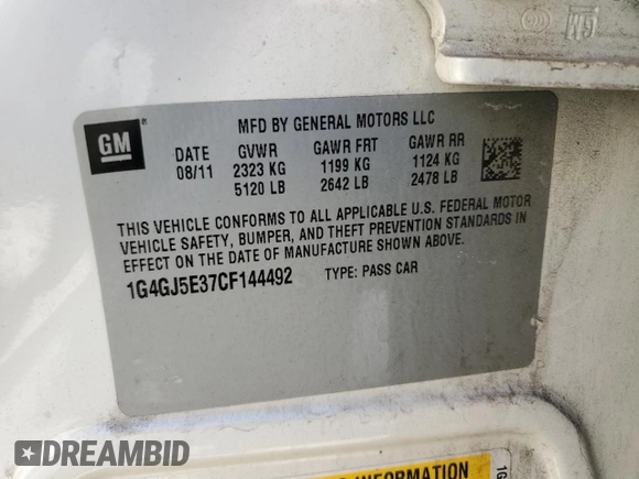 2012 Buick LaCrosse Touring with VIN 1G4GJ5E37CF144492, listed as a Copart auction lot 42339425 with 128,182 mi miles and Salvage title. Bid and sale history available at DreamBid. Image 15.