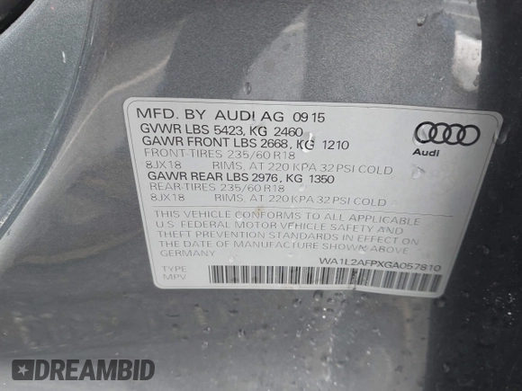 2016 Audi Q5 Premium Plus z VIN WA1L2AFPXGA057810, wystawiony jako IAAI lot #42730057 z przebiegiem 129 551 mil mil oraz . Historia ofert i sprzedaży dostępna na DreamBid. Obrazek 9.