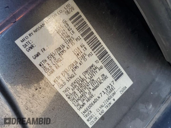 2020 Nissan Frontier SV with VIN 1N6ED0EA0LN713917, listed as a Copart auction lot 49867585 with 79,532 mi miles and Salvage title. Bid and sale history available at DreamBid. Image 13.