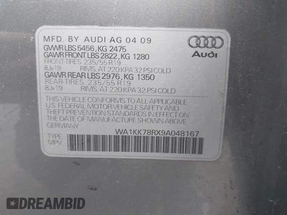 2009 Audi Q5 Premium Plus с VIN WA1KK78RX9A048167, выставлен на аукционе IAAI как лот 42292621 с пробегом 120 768 миль миль и . История ставок и продаж доступна на DreamBid. Изображение 9.