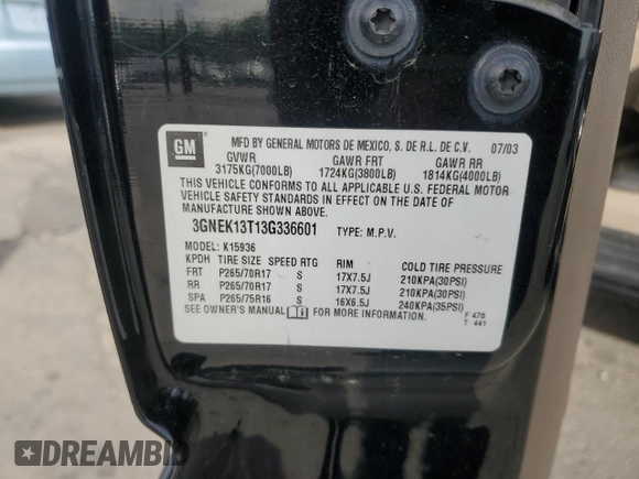 2003 Chevrolet Avalanche z VIN 3GNEK13T13G336601, wystawiony jako Copart lot #59221915 z przebiegiem Nie podano mil oraz Szkoda całkowita • Salvage title. Historia ofert i sprzedaży dostępna na DreamBid. Obrazek 12.