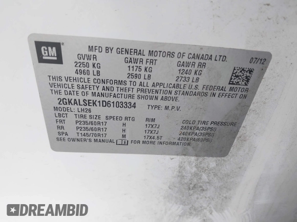 2013 GMC Terrain SLE with VIN 2GKALSEK1D6103334, listed as a IAAI auction lot 42053330 with 225,391 mi miles and . Bid and sale history available at DreamBid. Image 9.