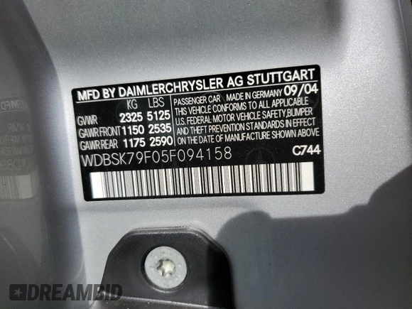 2005 Mercedes-Benz SL z VIN WDBSK79F05F094158, wystawiony jako Copart lot #60888905 z przebiegiem Nie podano mil oraz Szkoda całkowita • Salvage title. Historia ofert i sprzedaży dostępna na DreamBid. Obrazek 13.