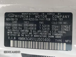 2020 Hyundai Kona Ultimate with VIN KM8K5CA51LU501400, listed as a Copart auction lot 37271133 with 49,482 mi miles. Bid and sale history available at carsss.com. Image 13.