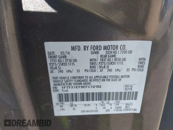 2014 Ford F-150 XL with VIN 1FTFX1EF9EFC12182, listed as a IAAI auction lot 41737091 with 175,614 mi miles. Bid and sale history available at carsss.com. Image 9.