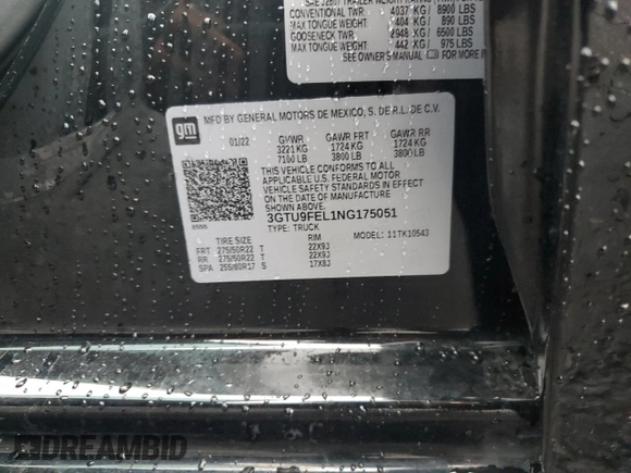 2022 GMC Sierra 1500 Limited Denali with VIN 3GTU9FEL1NG175051, listed as a Copart auction lot 72429374 with 15,200 mi miles and Salvage Title. Bid and sale history available at carsss.com. Image 12.