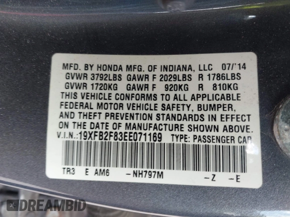 2014 Honda Civic Sedan EX with VIN 19XFB2F83EE071169, listed as a IAAI auction lot 41974108 with 73,885 mi miles. Bid and sale history available at carsss.com. Image 9.