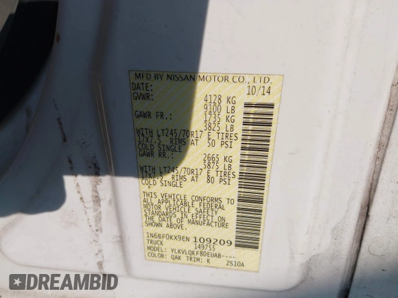 2014 Nissan NV S with VIN 1N6BF0KX9EN109209, listed as a IAAI auction lot 42018108 with 147,362 mi miles and . Bid and sale history available at DreamBid. Image 9.