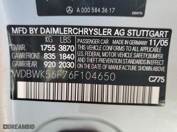 2006 Mercedes-Benz SLK-Class 3.5L with VIN WDBWK56F76F104650, listed as a Copart auction lot 42739245 with 69,612 mi miles and Salvage Title. Bid and sale history available at carsss.com. Image 12.